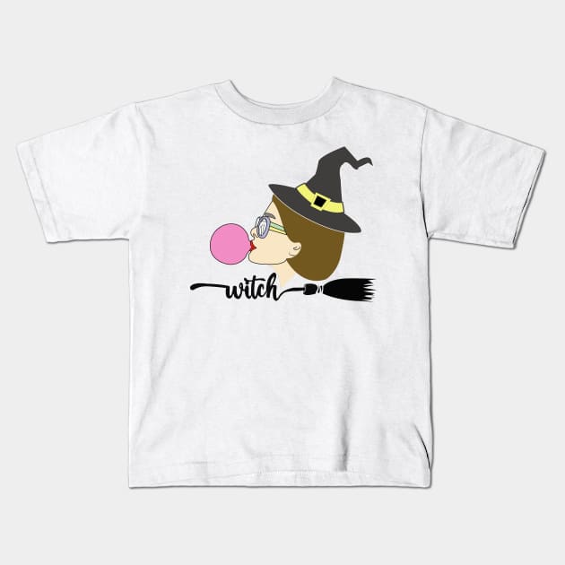 Fun, aesthetic, original witch, with gum and a broom. Kids T-Shirt by Ideas Design